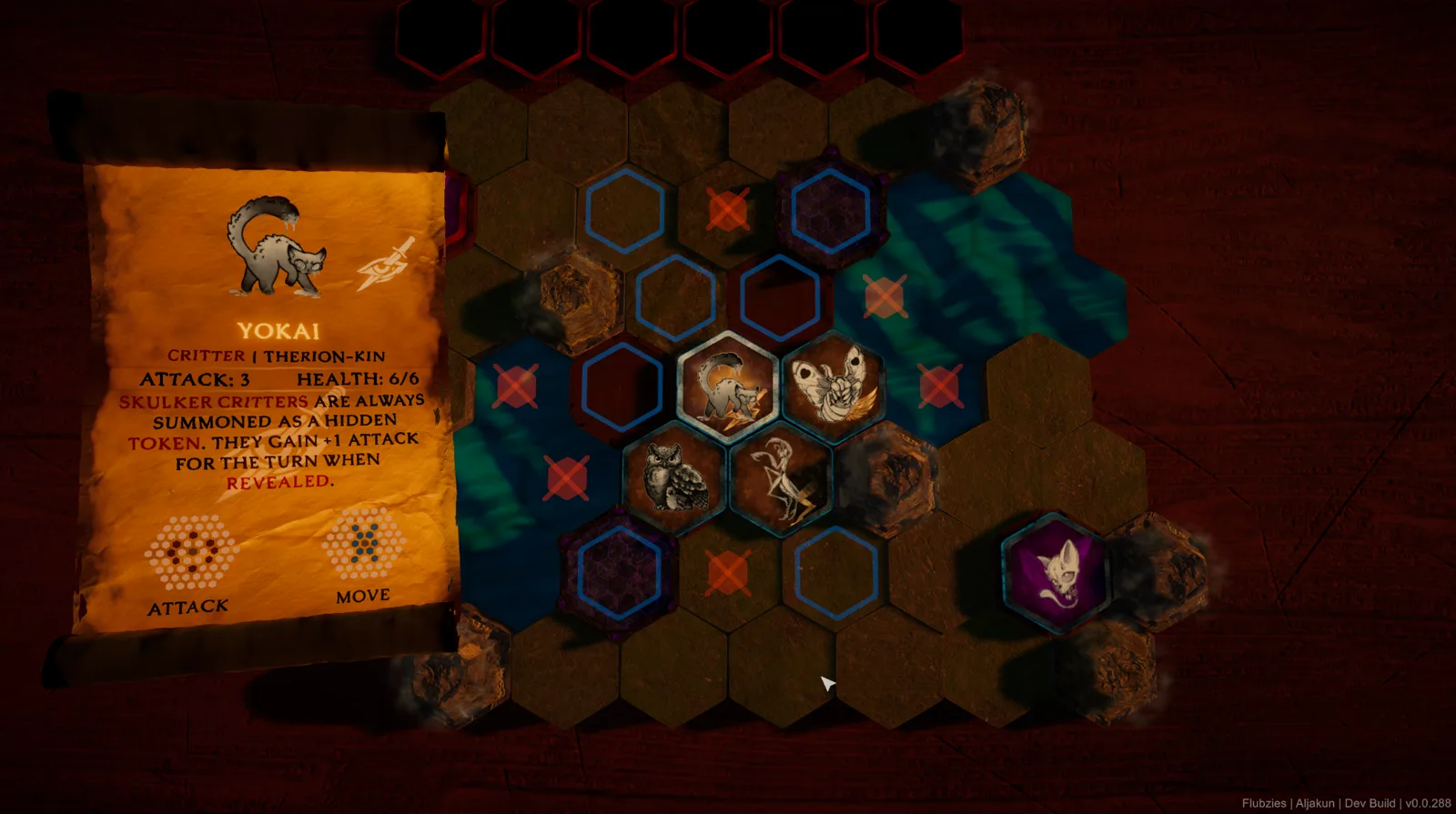 The unfurled scroll detail panel for the Yokai token, showing its stat block, ability text, and move/attack range over the hex board