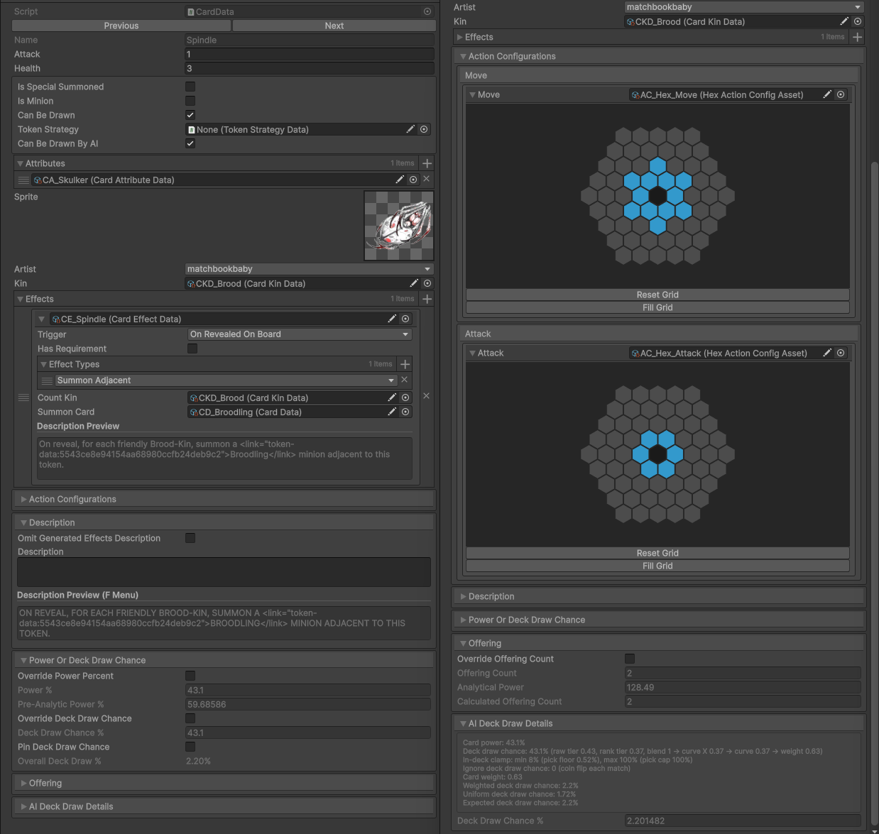 The custom CardData inspector in Unity, showing effect triggers, an auto-generated description preview, artist and kin fields, and the offering/deck-draw-chance math for a card