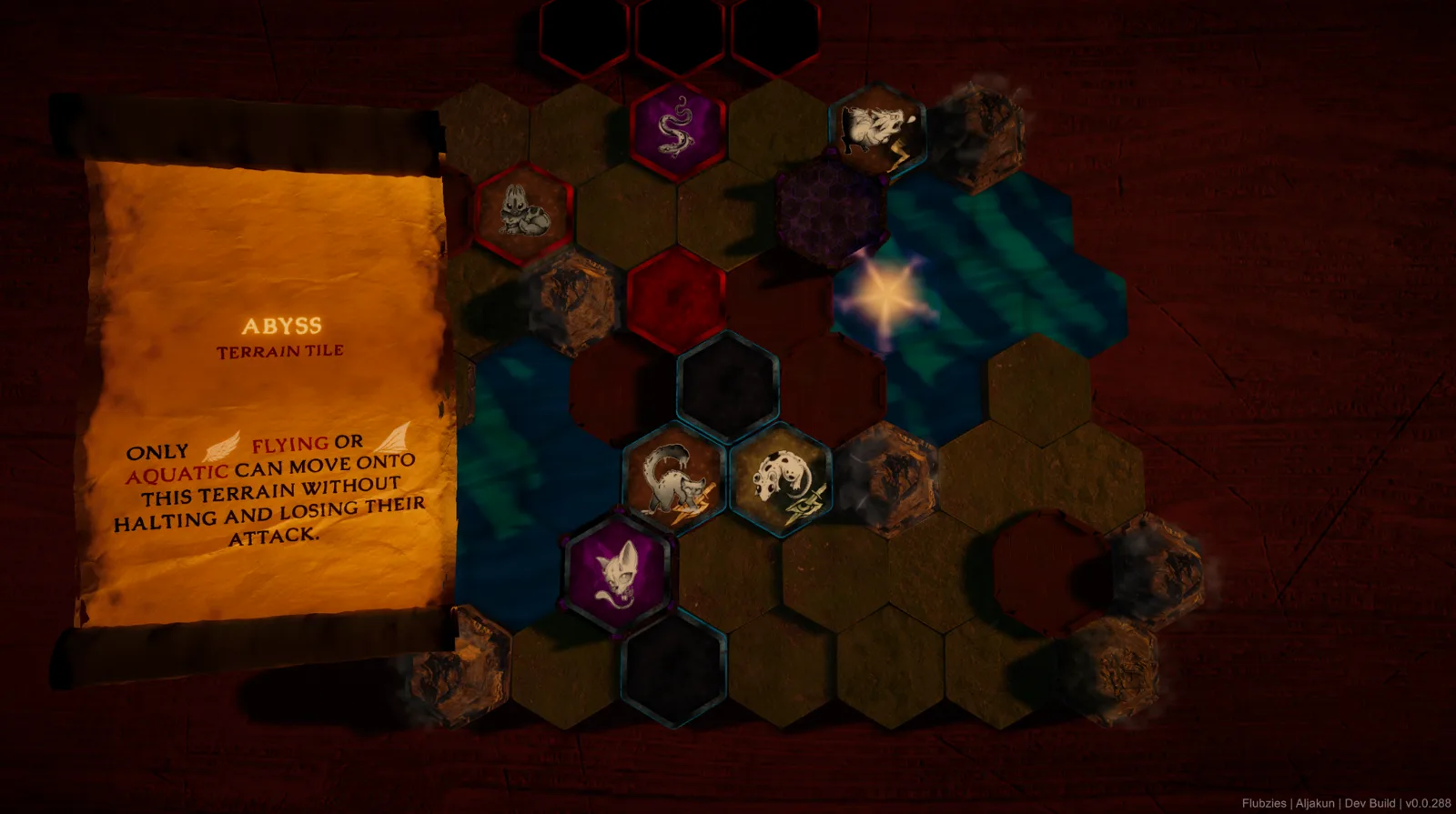 A terrain tile info card for Abyss, which only flying or aquatic tokens can cross without halting