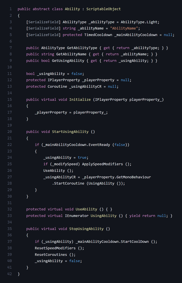 Code screenshot of the abstract Ability ScriptableObject base class