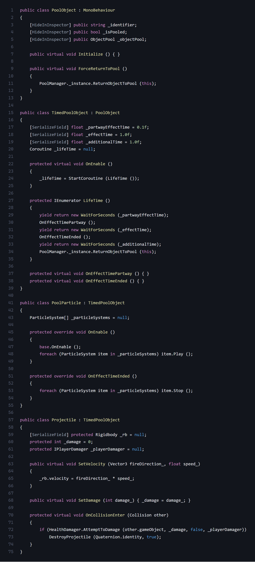 Code screenshot of the pool object inheritance structure (PoolObject, TimedPoolObject, PoolParticle, Projectile)
