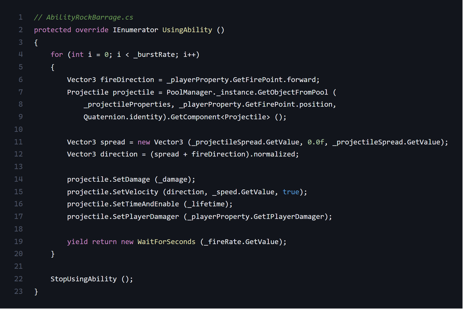 Code screenshot of an ability requesting an object from the PoolManager
