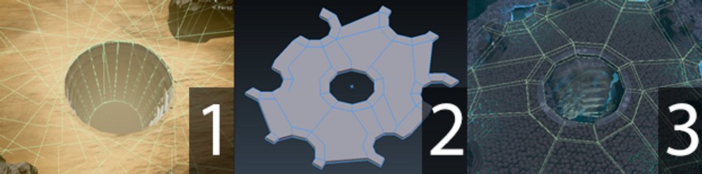Three-part comparison: manual collider mesh, the generated collider mesh, and the final in-game result