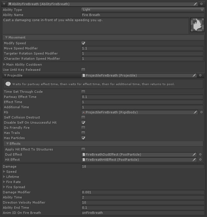 Unity inspector showing the Fire Breath ability's tunable variables