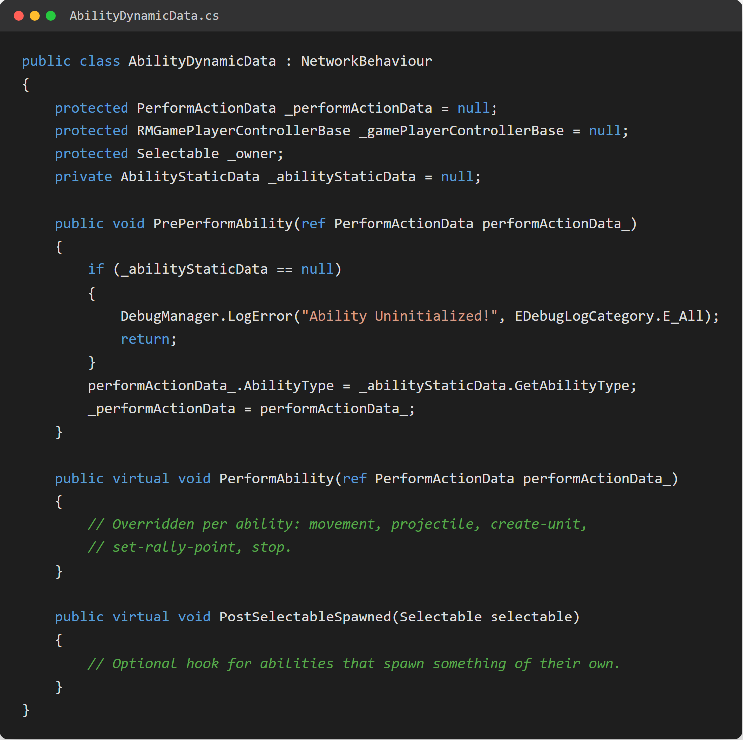 Code screenshot of the AbilityDynamicData base class showing PrePerformAbility, the virtual PerformAbility, and the optional PostSelectableSpawned hook