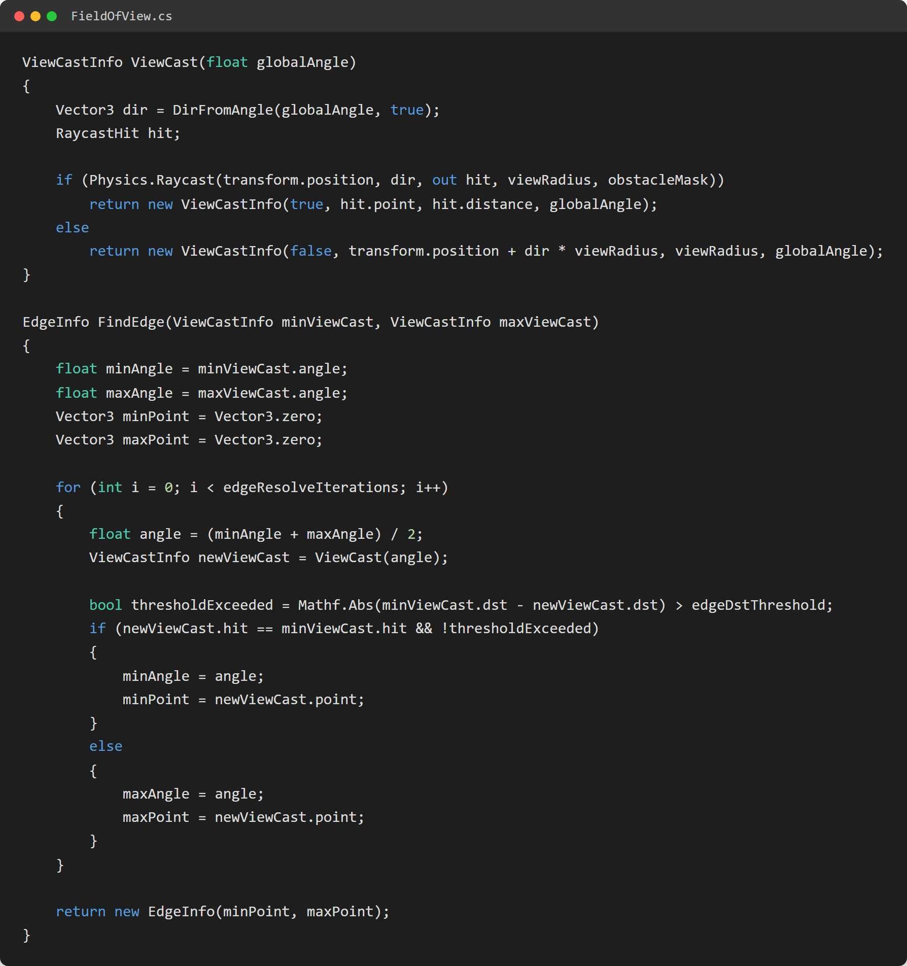 Code screenshot of FieldOfView.cs showing the ViewCast raycast and the FindEdge binary search that resolves sharp shadow edges