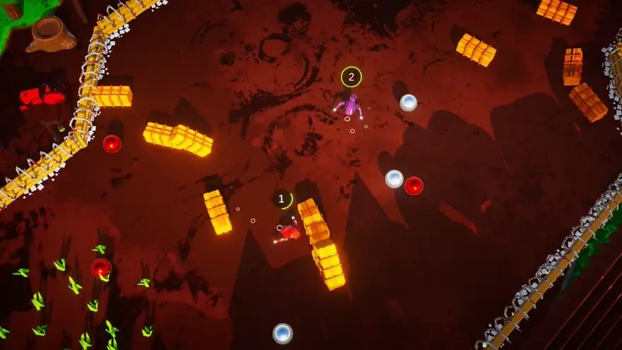 Robrawl gameplay: two robots circling each other in the dojo arena among scattered pinballs and crate obstacles