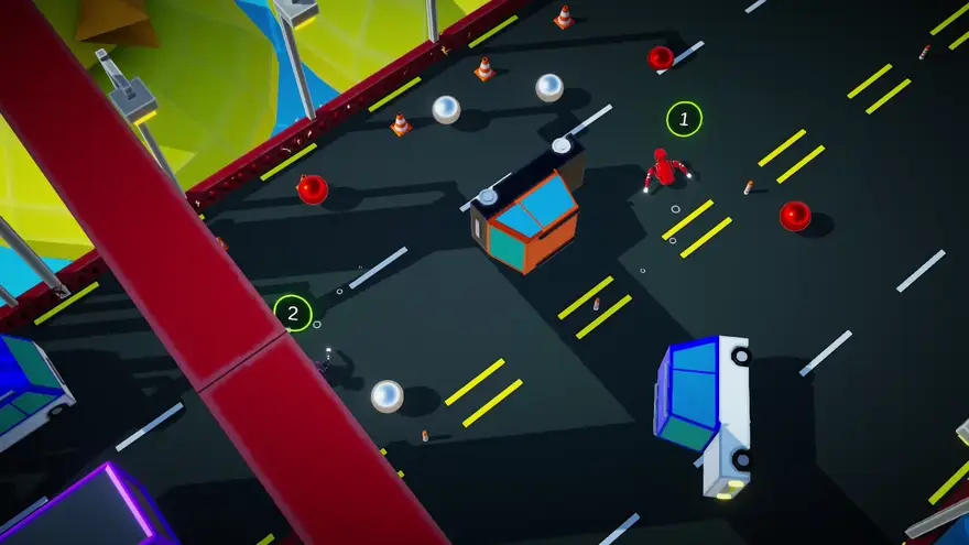 Robrawl gameplay: two robots fighting in the neon city-street arena among traffic cones, a parked van, and pinballs