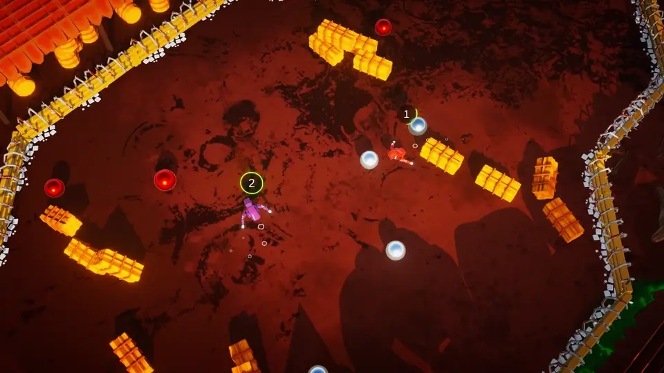 The Robrawl title card animating in over the dojo arena, its spiked boundary fence and pinballs scattered across the floor